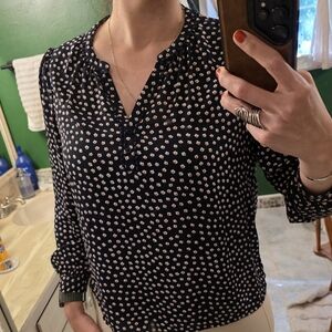 Banana Republic Petite Printed Blouse Women's PL Navy Floral Button Front Top
